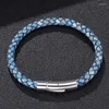 Braccialetti con ciondoli Moda Uomo Bracciale in vera pelle blu Bottone semplice in acciaio inossidabile Accessori neutri Gioielli tessuti a mano Regali PD0240