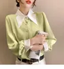 Blusas femininas 2023 Spring Color Block Bloco Bowtie Collar elegante Office Lady Lady Mulheres Camisa Plus Tamanho de Manga Longa Chiffon Chiffon Chemise
