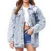 Vestes Femmes Rétro Bleu Clair Denim Femmes Revers Simple Boutonnage Jean Déchiré Avec De Grandes Poches Printemps Automne Mode ManteauxFemmes