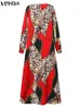 Платья плюс размеры Vonda Size 5xl Женщины платье винтажное богемное vestido осень сексуальная V -шея с длинным рукавом праздничный халат женский сарайка 230130