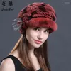 Berets Hiver Hat de fourrure Femmes Véritable tricot Rex Chapeaux Natural Stripe Beret Headwear Lady Real Capsberetsberets Delm22