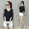 Dames t -shirt lente zomer solide kleur vneck halve mouw blouses vrouw uit schouder elegante casual tops chiffon shirt 230131