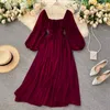 Casual Dresses Woherb Chic Elegant Square Collar Maxi Dress Women Solid Chiffon Puff Sleeve Korean Fashion Vintage Ruffle Vestidos 230131