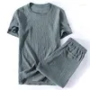 Men's T Shirts Summer Wrinkle Linen Men O-neck Shirt Sets Chinese Style Fat Guy Plus Size Casual Short-sleeve T-shirt 2 Pcs 9XL M-8XL