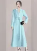 Kvinnors dikerockar Tidig höst Elegant blå kostym krage tätt midja Slim Coat Long Dress Socialite Temperament Slimming Overcoat Women