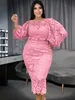 Robes de grande taille Taille 4XL O Cou Dentelle Lanterne Manches Évider Patchwork Blanc Rose Robes pour Dames Événement Cocktail Tenues 230130