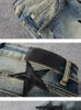 Men's Jeans High Street Star Leather Collage Knee Knife Cut Hole Retro Made Slim Leggings Skinny