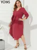 Plus size Dresses YOINS Elegant Party Dress Autumn Long Sleeve Zipper Solid Casual Midi Vestidos High Elastic Waist V Neck Size Robe 4XL 230130