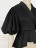 Women's Blouses Shirts Black Short Puff Sleeve Ruffles Elegant Women Office Daily Party Peplum Tops Outwear for Ladies Summer 230131