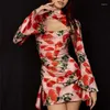 Casual jurken bloemenprint bodycon mini jurk vrouwen lange mouw uit holle backless sexy satijnen gesneden feest nachtclub dames kleding