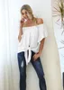 Kvinnors tshirt Chiffon Women Summer Blue Beach Party White Black Off Shoulder Bandage Sexy Chemises Femme Women Tops Fashion 230131