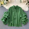 Dames t -shirt lente herfst blouse Koreaanse stijl multilays gegolfde flare mouw massief kleuren shirt losse stand kraag tops gx499 230131