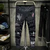 Men's Jeans Fashion Trendy Embroidery Letters Men College Boys Skinny Runway Zipper Denim Pants Destroyed Ripped Black White 363