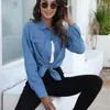 Women's Blouses Denim Shirt Top Women Fall Solid Color Long Sleeve Female Casual Vintage Turn Down Collar Jacket Dark Blue