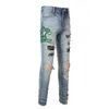 Mäns jeans män orm broderi streetwear läder lapp stretch denim mager byxor hål rippade distreerade pennbyxor 230131