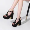 Sandalen Basic Women Square Heel Casual Style Flock Sandalies Fashion Platform Metal Star Buckle High Heel Dikke damesschoenen