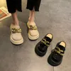 Pantofole Mocassino Chunky Catene dorate Catena da donna Intersuola in sughero in pelle senza schienale Ladies Luxury Mule SandalSlippers
