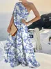 Casual Dresses Summer Elegant Women Button Solid Partyclub Maxi Dress Commute Patchwork Slit Loose Fashion Slash Neck Beach Long