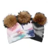 Berets Tie Dyed Raccoon Dog Wool Ball Knitted Hat Women Autumn Winter Outdoor Wind Proof Beanies Unisex Core Spun Yarn