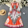 Våren ny stor gunga lång klänning Retro palace stil tryck lapel enkel båge fransk klänning