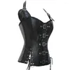 Shapers feminino de couro sintético Pu Corset Cintura Treinador Shaper Halterneck Bustier Front Busk Slimming Gothic Gorset Corpelelet Overbust.