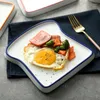 Plattor Toast Shape Porslin som serverar tallrik middag Rektangel Vit med blå orange rosa kant för frukostkaka FA