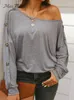 Damen Hoodies MISS PETAL Grau One Shoulder Buttoned T-Shirt für Frau Casual Loose Langarm Sweatshirt 2023 Frühling Herbst Pullover