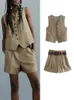 Zweiteilige Damenhose TRAF 2-teilige Damen-Weste-Blazer-Sets Hübscher V-Ausschnitt, solide einreihige Jacke, kurze Hose mit Gürtel, Basic-Anzüge 230131