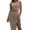 Tweedelige jurk vrouwen sexy tweedelig kleding set dames pak massief kleur ronde kraagvest en hoge taille split lange spleetrok zomer 230130