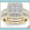 Wedding Rings 2pcs Bridal Set Elegant Crystal Engagement Ring Luxe Gold Color Round Hart Zirkoon voor vrouwen Boho sieraden 1892 T2 Dr Dhlm6