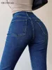 Dżinsy damskie okuohao chude dzwonek dno wysoki talia rozciąganie proste Slim Fit Dżinsowe spodnie Moda Casual Wash Black Y2K Spodnie 230131