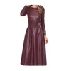 Casual Dresses Faux Leather Belt Women Dress Western Style Rund hals långärmad kvinnlig klänning 2023 Fall Fashion Solid Ladies A-Line Robe