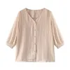Kvinnors tshirt Chiffon Woman Blus Summer 710 Sleeve Vneck Loose Plus Size Korean Version Tops Bluses Pinkgreen 230131