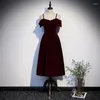 Party Dresses Burgundy Boat Neck A-Line Evening Dress Empire Short Sleeves Pleat Knee-Length Spaghetti Strap Formal Woman B1002