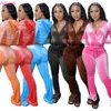 Femininos de tracksuits Adogirl Solid Velvet Duas peças Conjunto de mulheres Roupa com zíper de manga longa com capuz Swewelts Top Flare Pants Rankgers Terno 230131