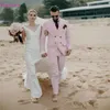 Herrenanzüge Blazer 2023 Hochwertiger maßgeschneiderter rosa Leinenanzug und Bräutigam Zweireiher Strandhochzeits-Smoking Slim 2-teilig (Mantelhose)