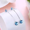 Stud Earrings Dome Bead Round Crystals Long Chain 925 Sterling Silver Trendy Fine Jewelry For Women