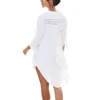 Casual Dresses Women Bikini Cover Up Dress Plain 3/4 Sleeve V-hals Cutouts Knapp-down Midi Beach Dams Loose badkläder Cover-up