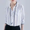 Women's TShirt Vertical Striped Chiffon Blouse Profession Contrast Blue White Long Sleeve Shirts Elegant Singlebreasted Blusas Mujer Y343 230131