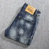 Erkekler kot moda tasarımcısı retro mavi ince fit streç yırtılmış delik pantolonlar hip hop yamalı denim bisikletçisi pantolon hombre 230131