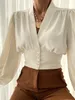 女性用ブラウスシャツセルミア女性シャツファッションランタン長袖エレガントなショートブラウスセクシーなVネックチュニックトップ