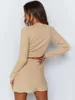 Work Dresses Solid Knit Skirt Set Woman Mock Neck Long Sleeve Crop Top High Waist Slit Mini Spring Casual Classic 2 Pieces Sets 2023