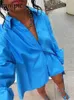 Tweede stuk broek Sampic Women Blue Suit voor dames. Casual Losse Long Sleeve Shirt Summer Tops en Mini Shorts Fashion Tracksuit Set Outfits 230131