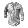 T-shirts pour hommes Vintage Jésus Christ Col V Henley 3D Crucifix T-shirt à manches longues pour hommes Tops surdimensionnés Tee Man Punk Streetwear 230131