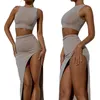 Tweedelige jurk vrouwen sexy tweedelig kleding set dames pak massief kleur ronde kraagvest en hoge taille split lange spleetrok zomer 230130