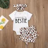 Kläder set 0-18m spädbarn baby flicka pojke kläder 3 st brev tryck vit kort ärm romper toppar randiga/leopard shorts bomullsuppsättning