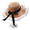 Wide Brim Hats 2023 Women Summer Woven Straw Floppy Sun Visor Hat Mesh Splicing Letters Ribbon Bowkn