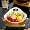 Assiettes Art nordique bol de fruits en céramique salade avec support en bois de bambou minimaliste salon Table à manger Snack Dessert stockage
