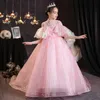 2021 Luxueux dentelle perlée robes de fille de fleur robe de bal col transparent Lilttle enfants anniversaire Pageant robes de mariée luxe balayage train cristal perlé robes d'anniversaire