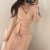 Casual Dresses JSXDHK Chic Fashion Autumn Winter Knitted Sweater Dress Elegant Women Pink V Neck Lace Up Long Sleeve Pleated Midi Vestidos